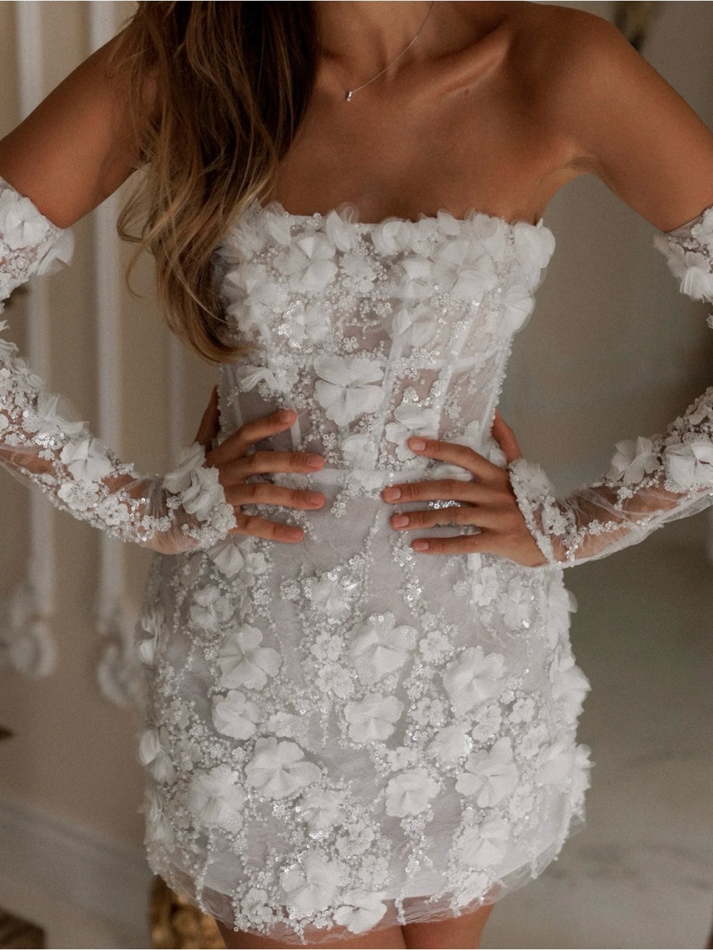 Isabelle Strapless White Floral Appliqué Mini Dress
